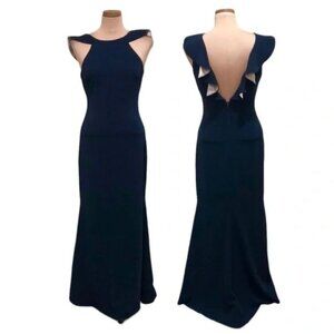 Badgley Mischka Navy Ruffle Flutter Pink Crepe Sleeve Formal Maxi Dress Sz 2 L